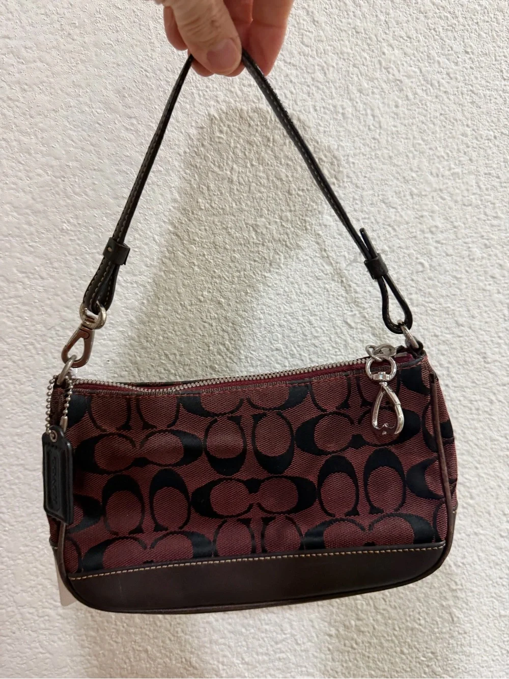 Coach Signature Canvas Mini Shoulder Bag in Burgundy/Black